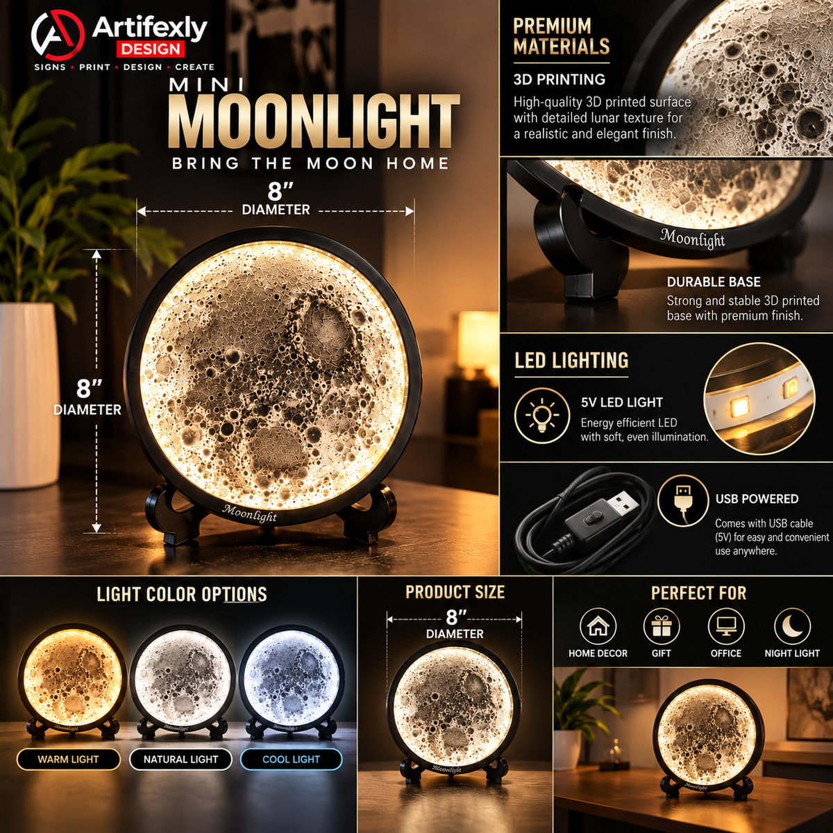 Moonlight Detail 8" – 3D Lunar Art LED Lamp with Acrylic Stand