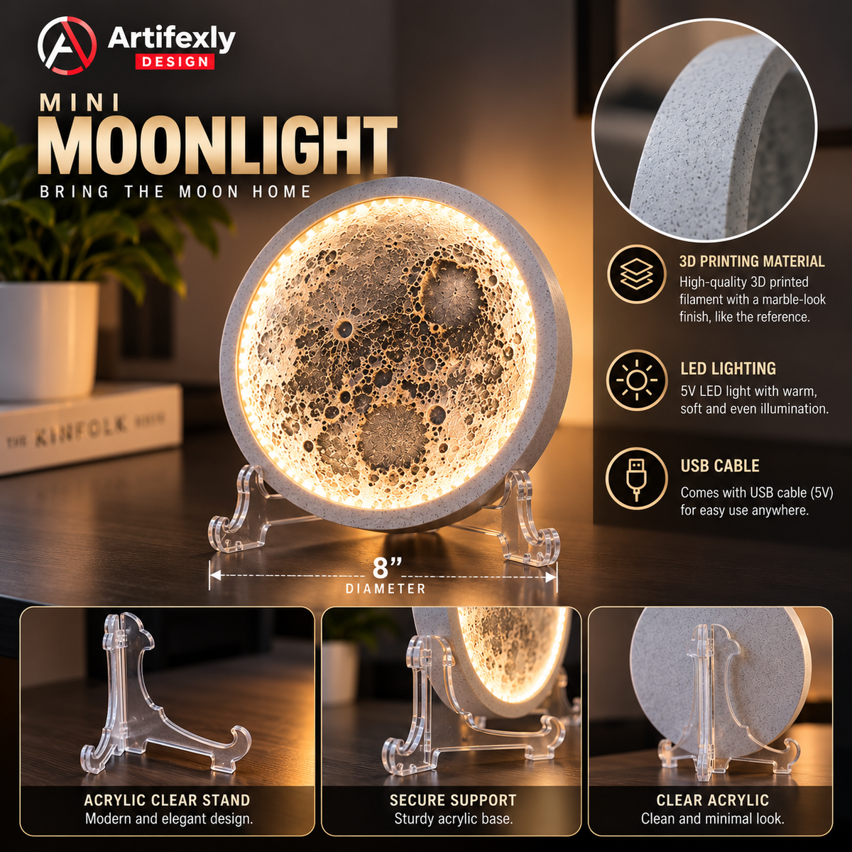 Moonlight Detail 8" – 3D Lunar Art LED Lamp with Acrylic Stand