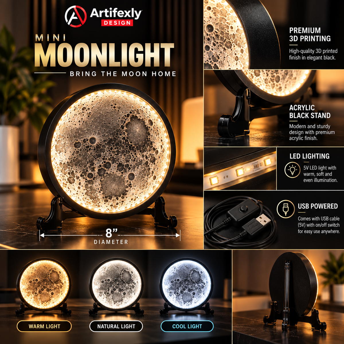 Moonlight Detail 8" – 3D Lunar Art LED Lamp with Acrylic Stand